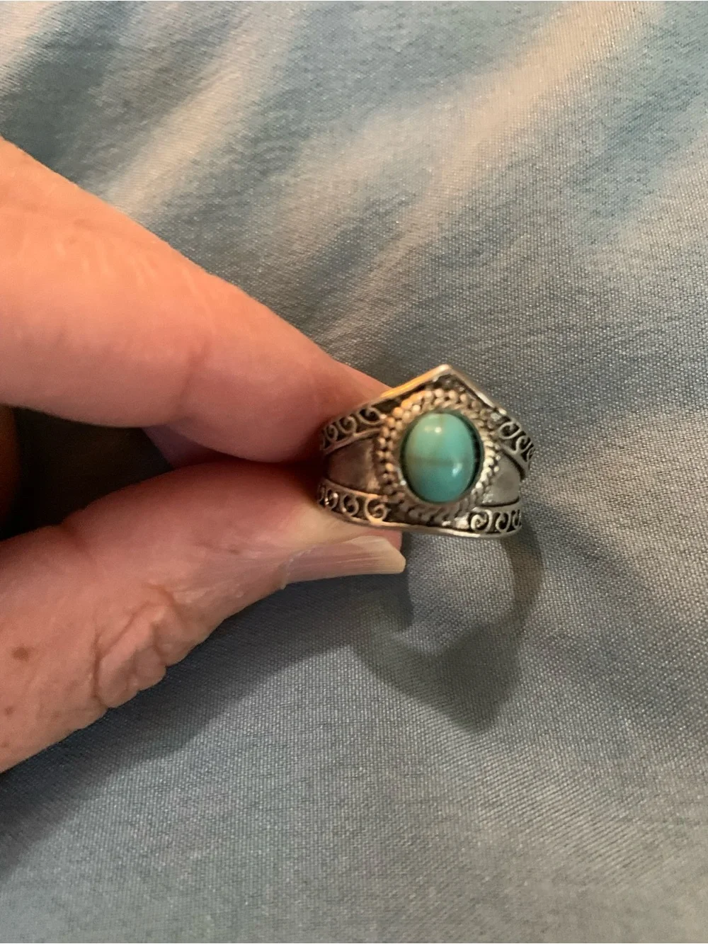 Bohemian Turquoise Color Cabochon Silver-Style Statement Ring